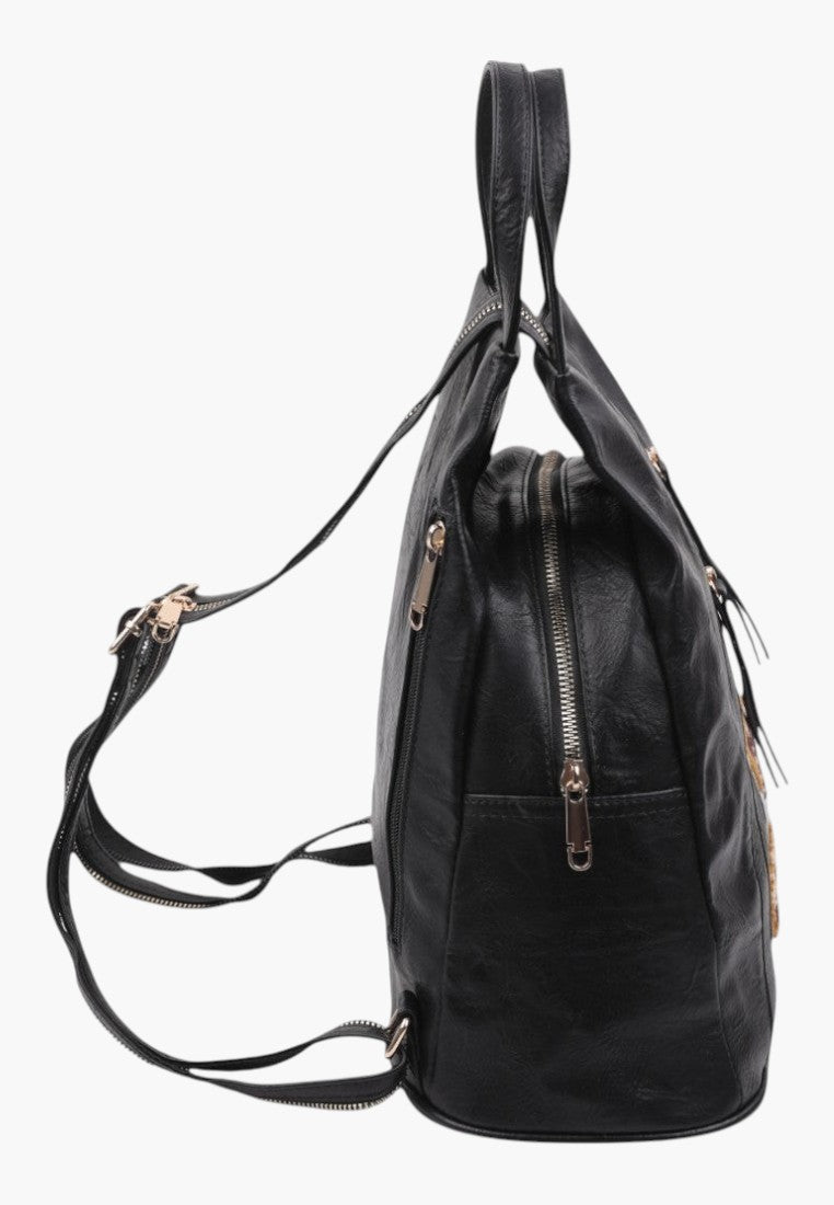 Falio black faux leather urban backpack with side view showing zippered compartments and adjustable straps