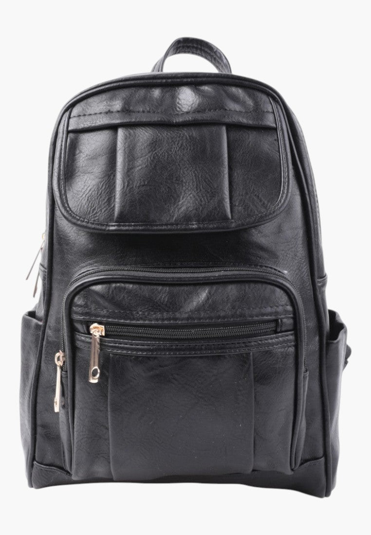 Falio black faux leather urban backpack with multiple zippered pockets and spacious A4 capacity for daily use