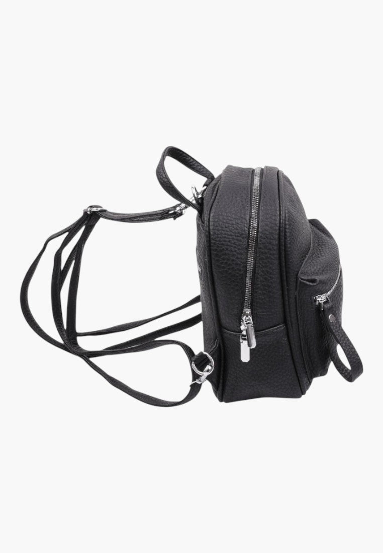 Falio small black faux leather urban backpack with zippered pockets and adjustable straps, side view