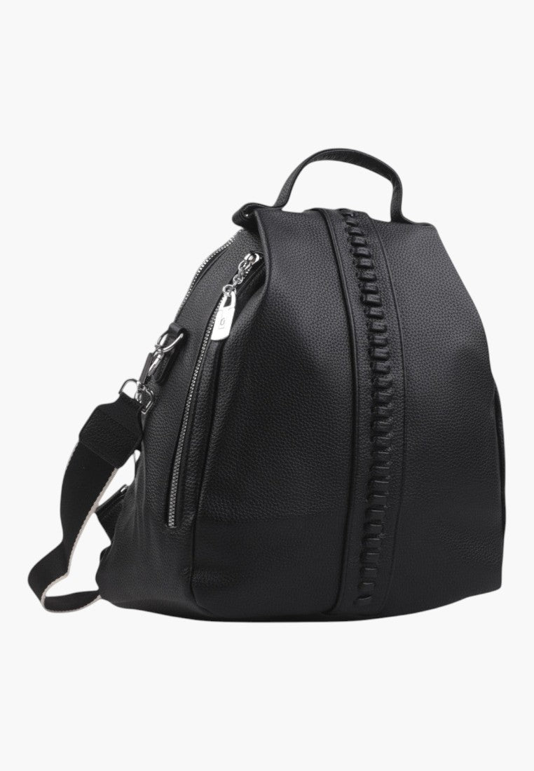 Falio black faux leather urban backpack with decorative braided center detail and silver zipper closures