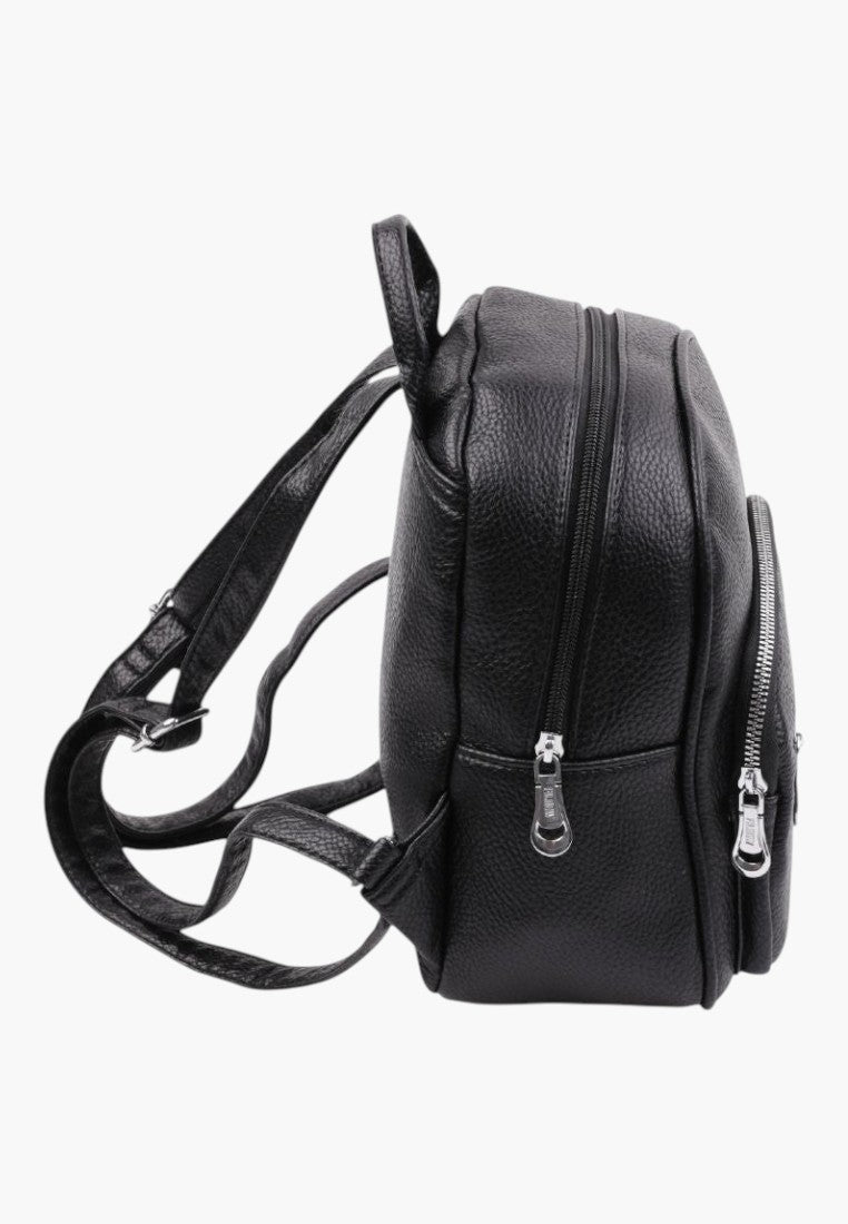 Falio black faux leather urban backpack with side view, featuring multiple zippered compartments and adjustable straps.