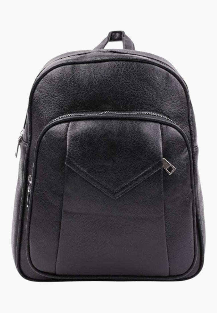 Falio black faux leather urban backpack with a large main compartment and front zippered pocket for daily use