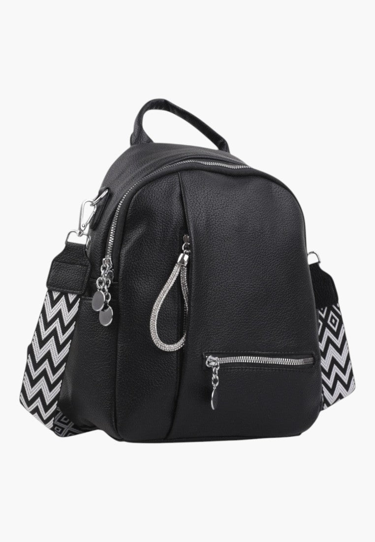 Falio black faux leather urban backpack with patterned straps and silver zipper details