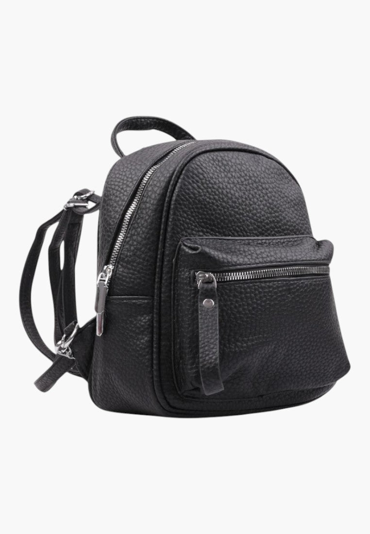 Falio small black faux leather urban backpack with silver zippers and multiple pockets for daily use