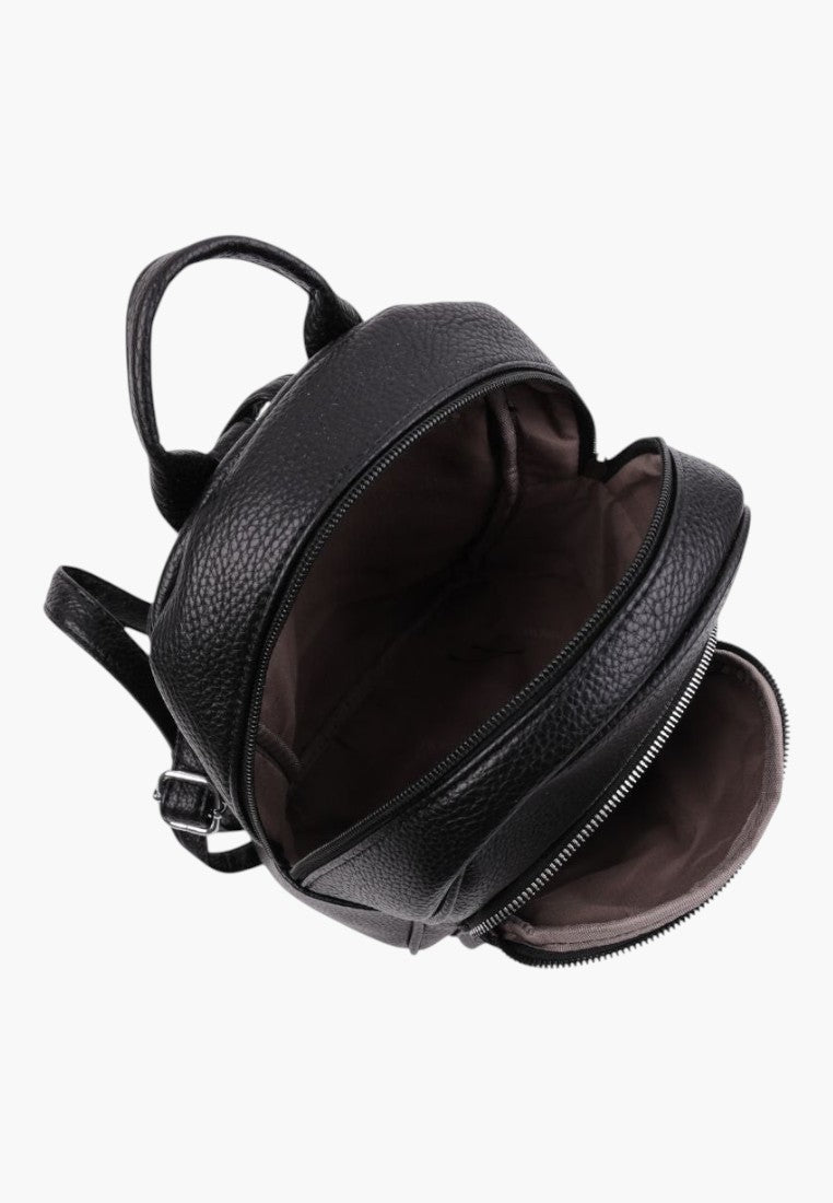 Falio black faux leather urban backpack with zippered compartments and a compact design for daily use.