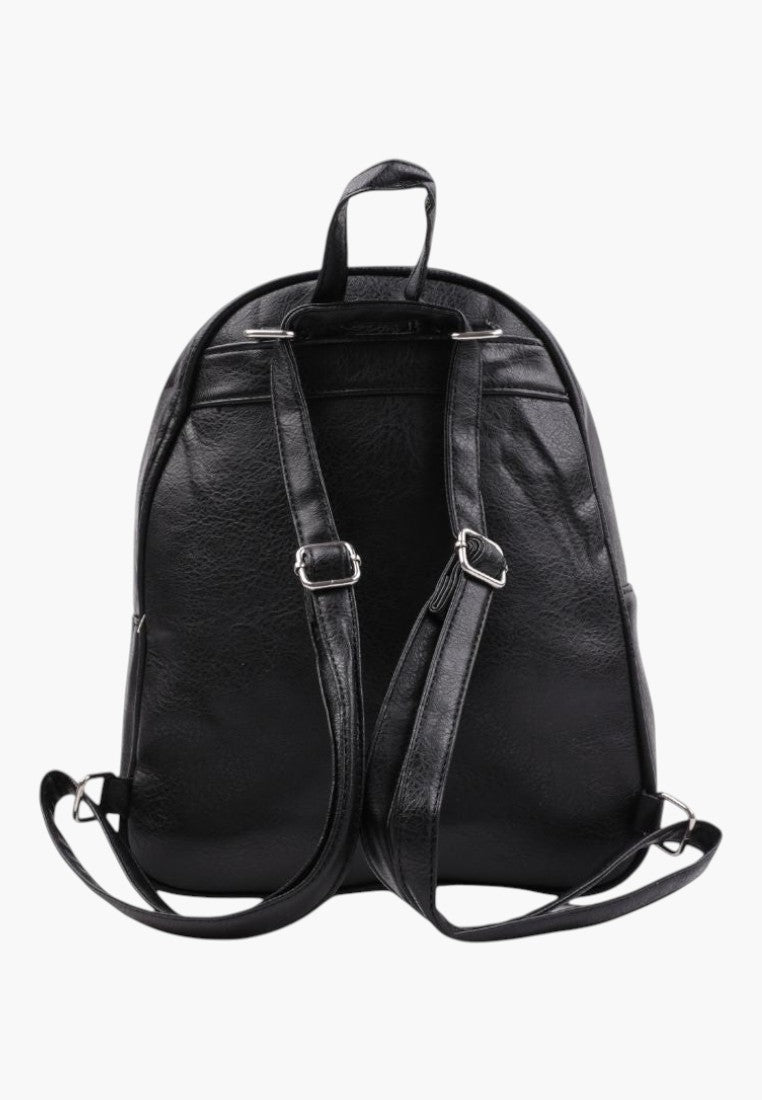Falio black faux leather urban backpack with adjustable straps and zip closure, back view