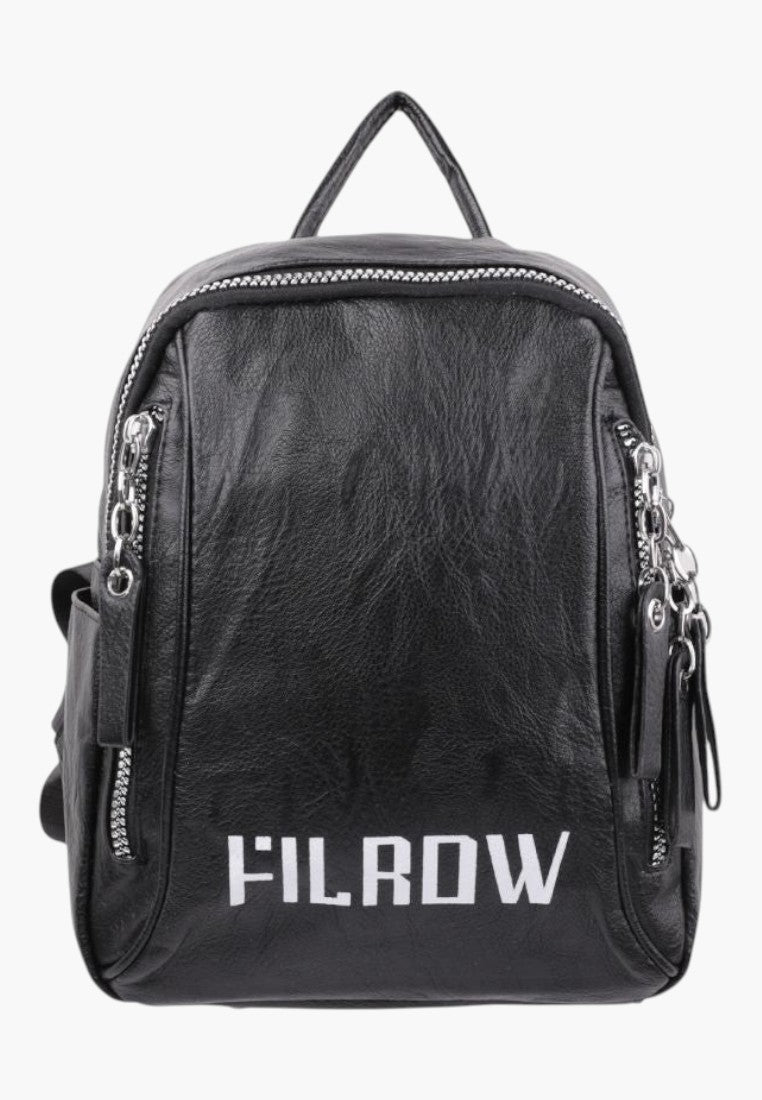Falio black faux leather urban backpack with silver zippers and FILROW logo print