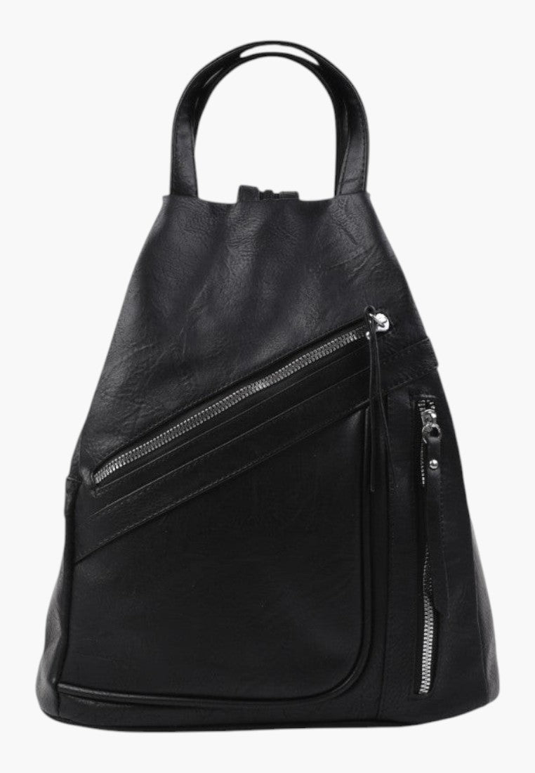 Falio black faux leather urban women's backpack with multiple zippered pockets and a sleek modern design