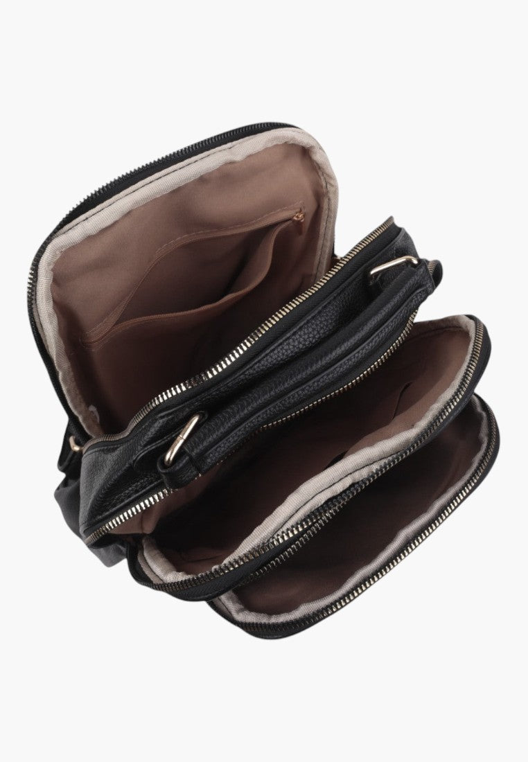 Falio black faux leather urban backpack with multiple zippered compartments and beige interior lining