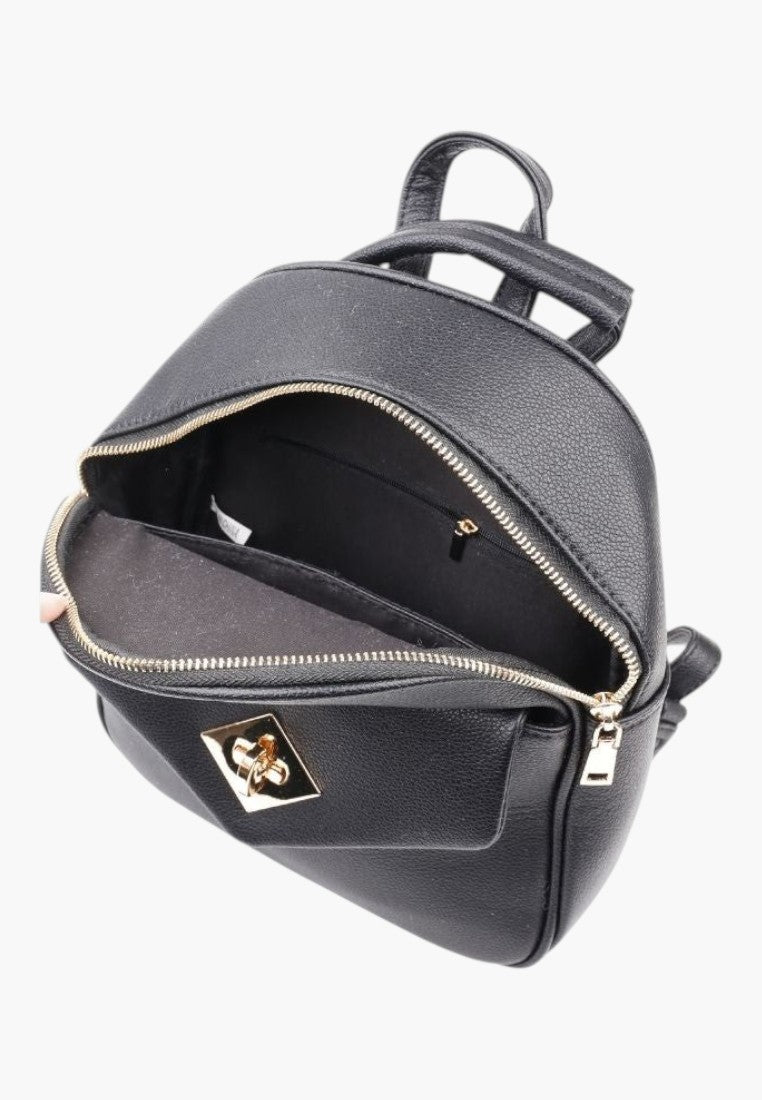 Falio black faux leather urban backpack with gold hardware, two compartments, and zippered pockets.
