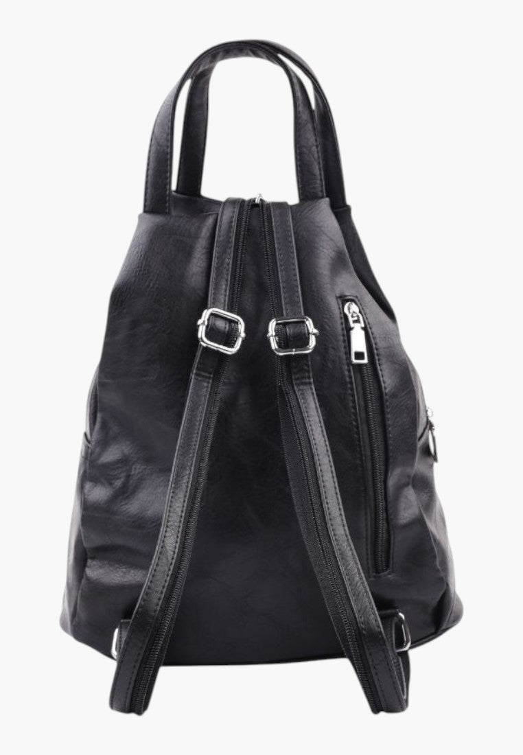 Falio black faux leather urban backpack with adjustable straps, multiple compartments, and silver zipper details.