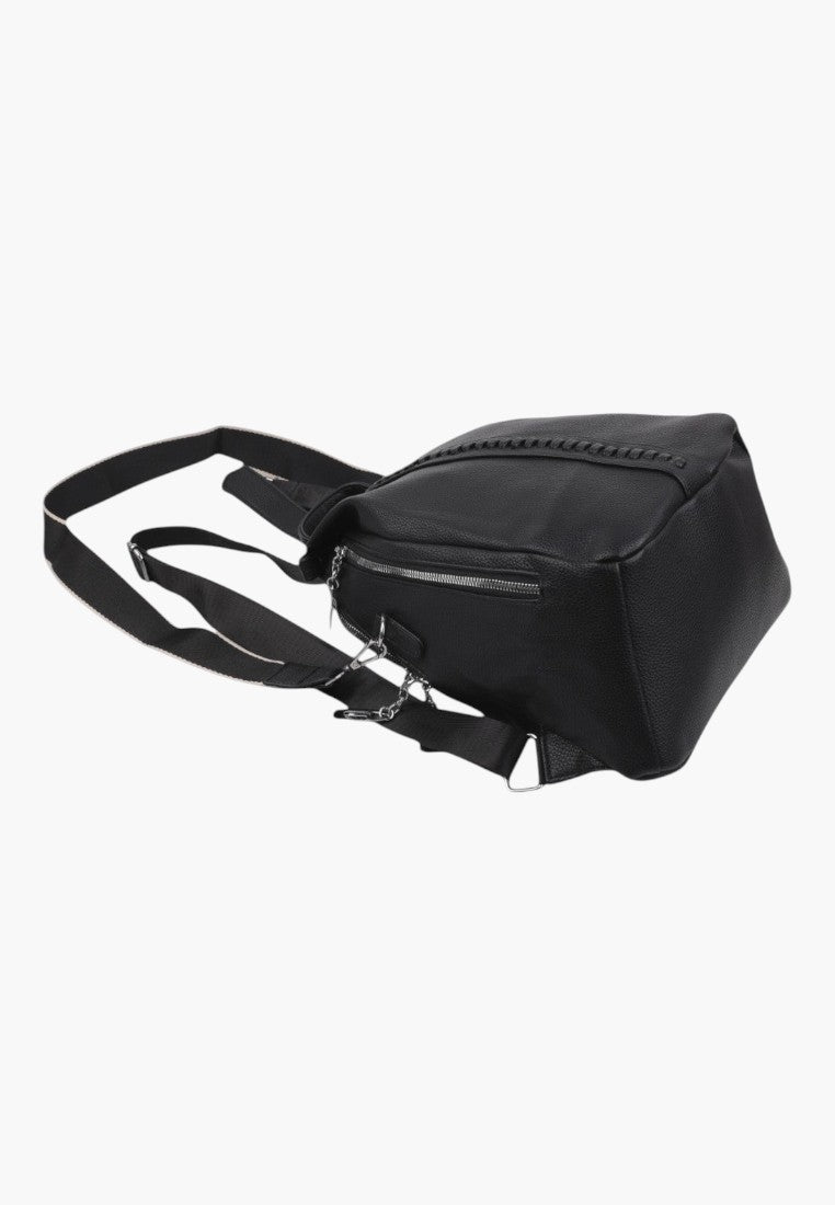Falio black faux leather urban backpack with a zippered closure and adjustable straps, suitable for A4 documents.