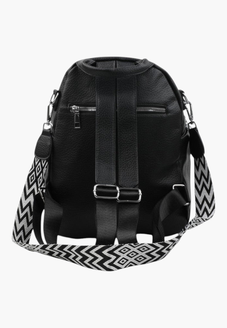 Falio black faux leather urban backpack with patterned chevron straps and multiple zippered pockets