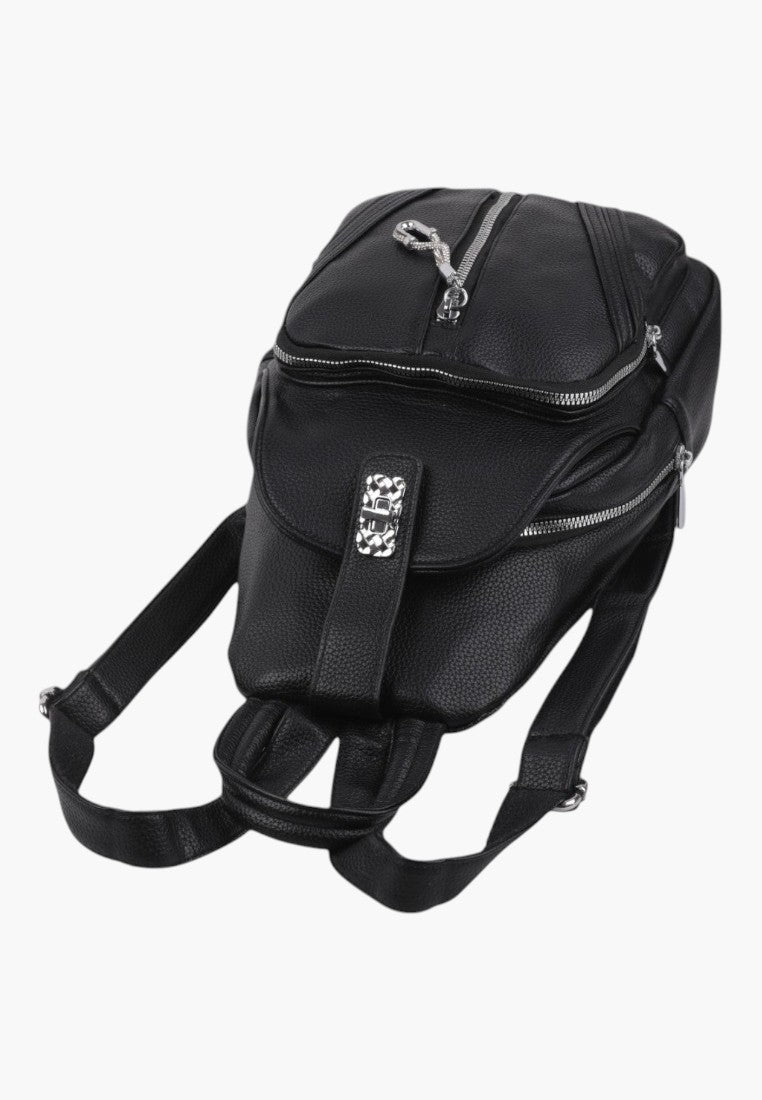 Falio black faux leather urban backpack with multiple zippered pockets and adjustable straps for daily travel