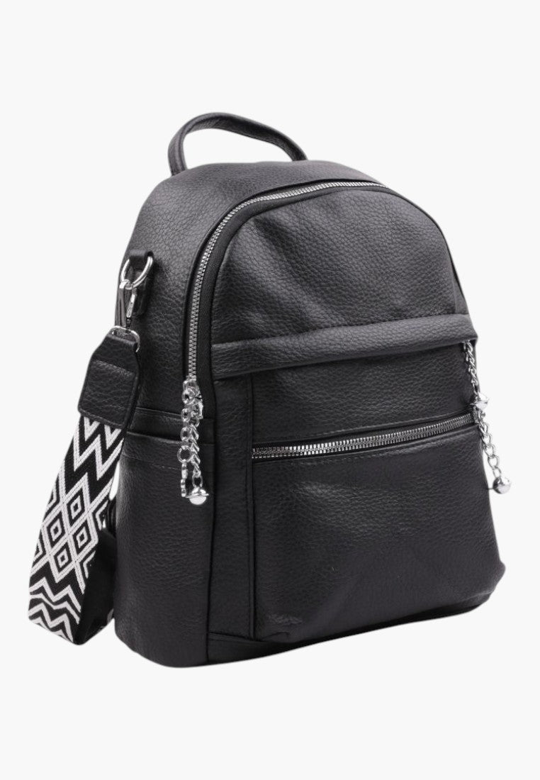 Falio black faux leather urban backpack with a patterned strap and silver chain details, suitable for A4 documents.