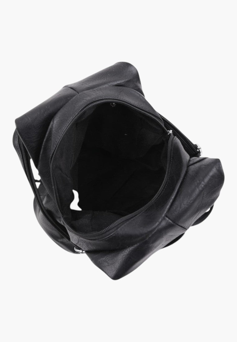 Falio black faux leather urban backpack with a zippered main compartment and multiple pockets