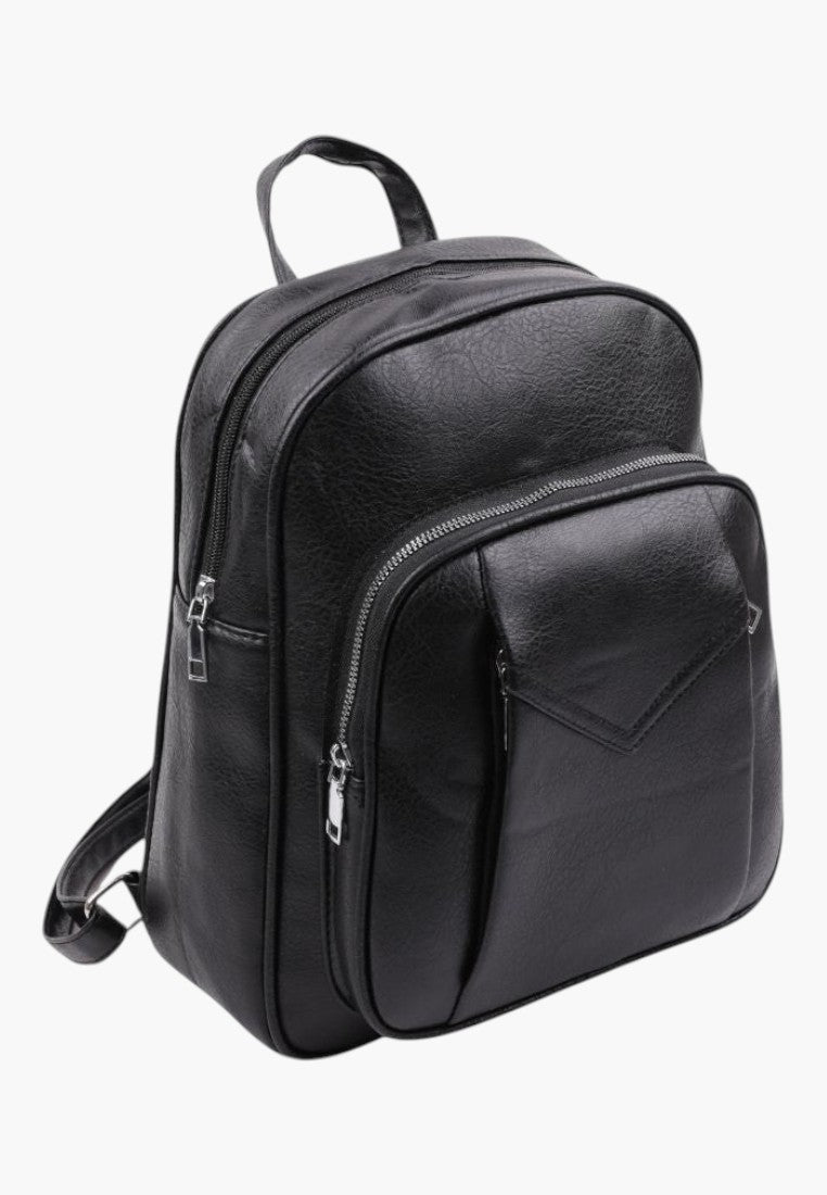 Falio black faux leather urban backpack with a large main compartment and front zip pocket for daily use