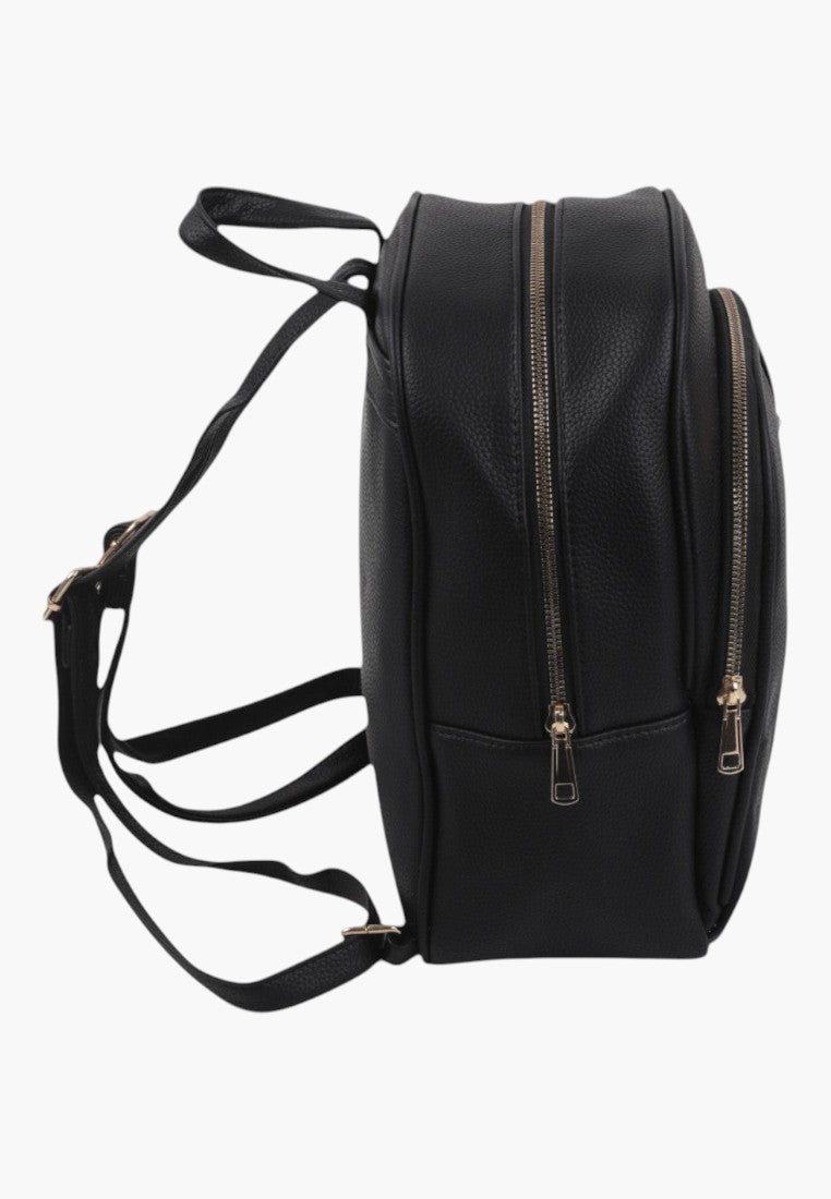 Falio black faux leather urban backpack with side view showing zippered compartments and adjustable straps.