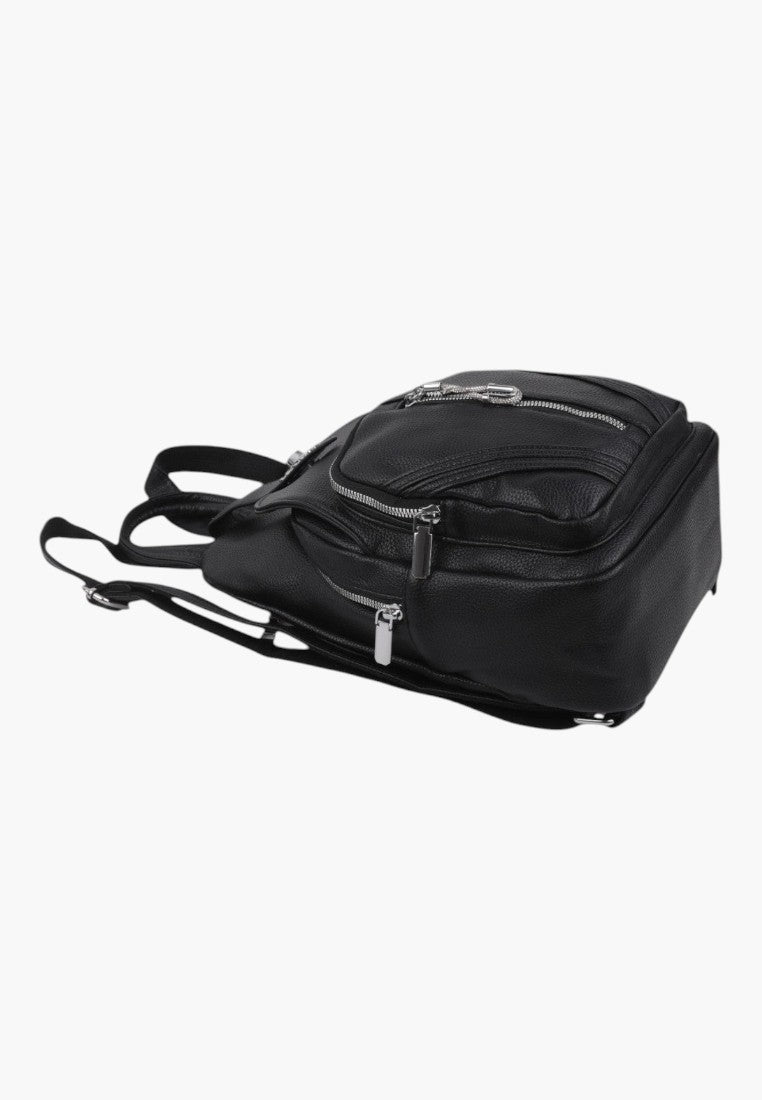 Falio black faux leather urban backpack with multiple zippered pockets and adjustable straps for daily use
