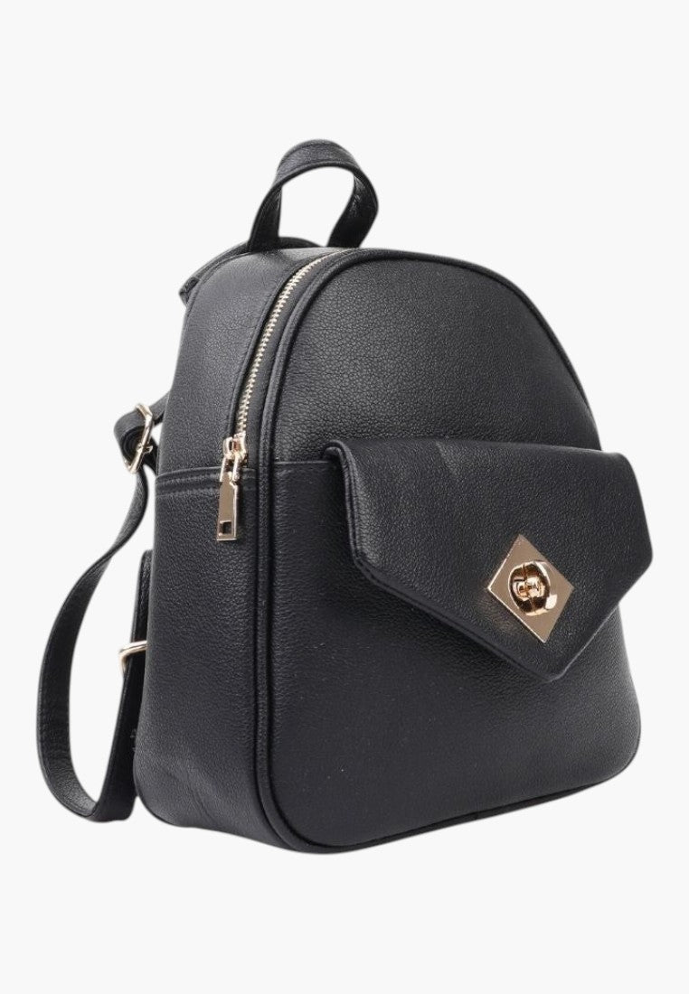 Falio black faux leather urban backpack with gold hardware, front pocket, and zip closure for daily use.