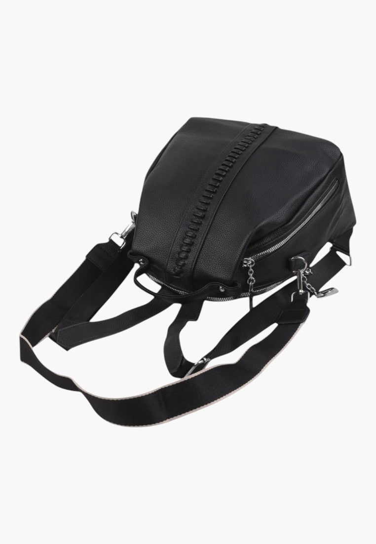 Falio black faux leather urban backpack with a textured finish, multiple zippered compartments, and adjustable straps.