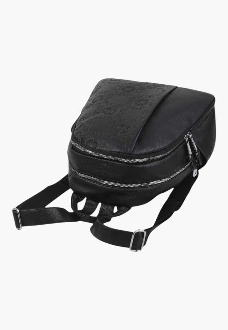 Falio black faux leather urban backpack with embossed geometric pattern and silver zippers
