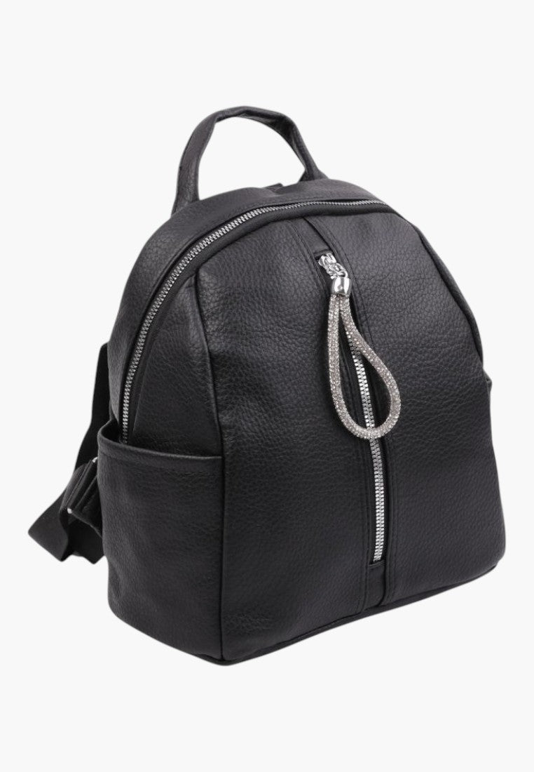 Falio black faux leather urban backpack with a decorative rhinestone zipper pull and multiple compartments.