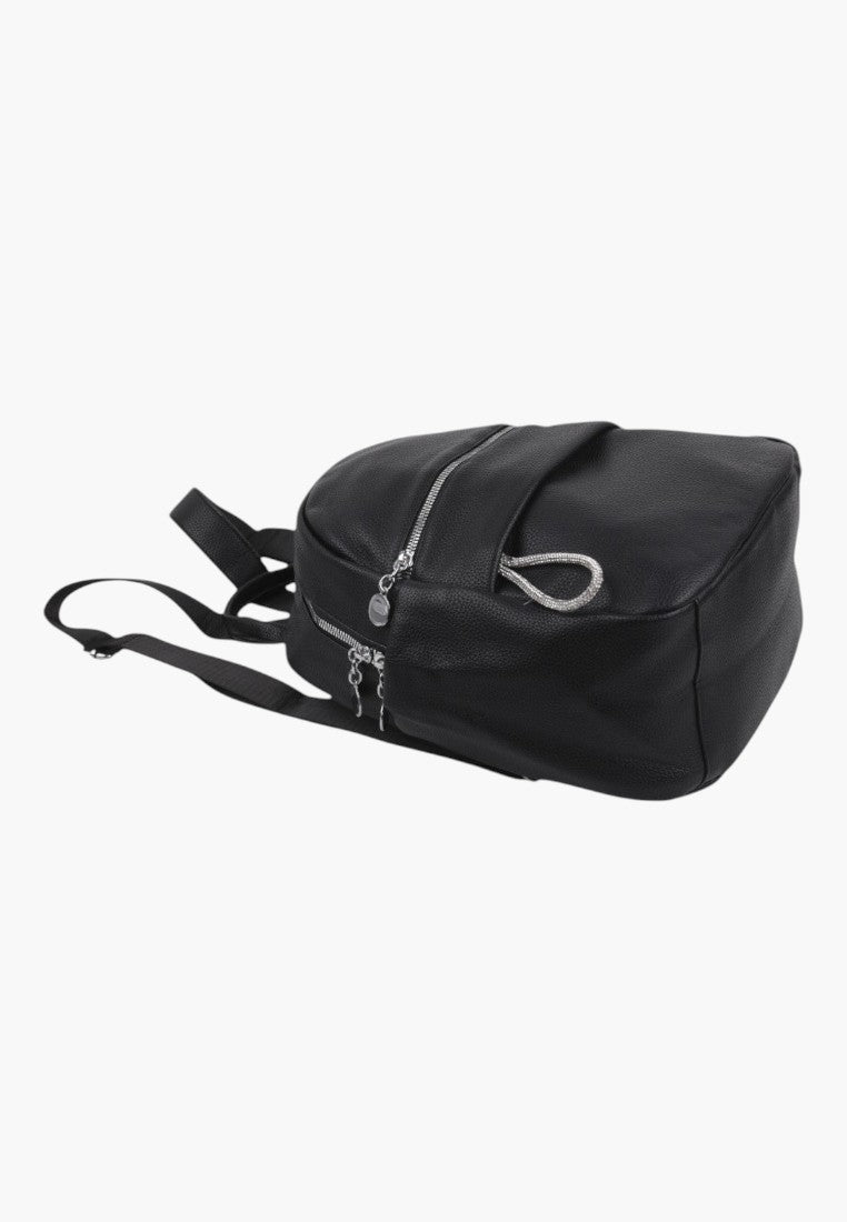 Falio black faux leather urban backpack with silver zippers and multiple compartments for daily use