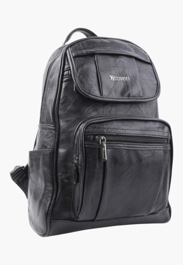 Falio black faux leather urban backpack with multiple zippered pockets and a spacious main compartment