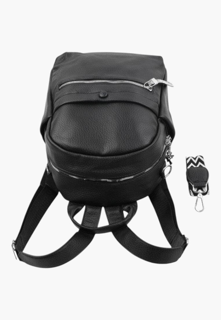 Falio black faux leather urban backpack with multiple zippered pockets and a patterned detachable strap