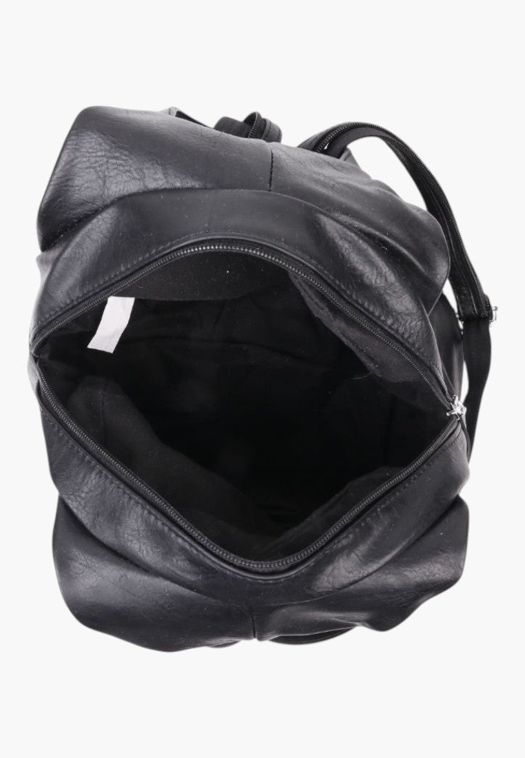 Falio black faux leather urban backpack with a spacious interior and zipper closure, top-down view.