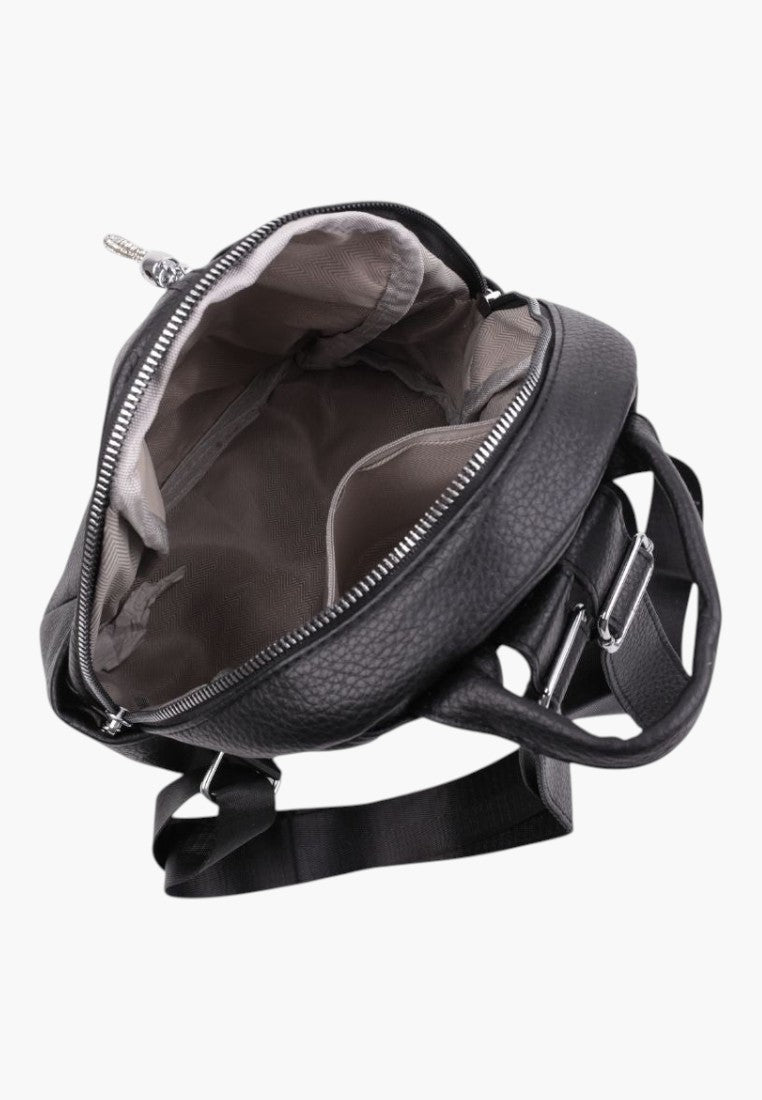 Falio black faux leather urban backpack with an open zippered main compartment and internal pockets