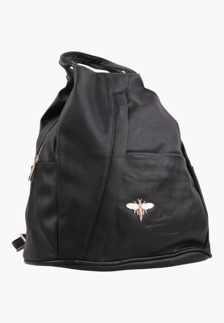 Falio black faux leather urban backpack with a gold bee emblem and zippered compartments