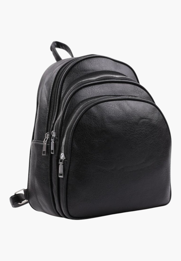 Falio black faux leather urban backpack with multiple zippered compartments and a spacious A4-compatible design.