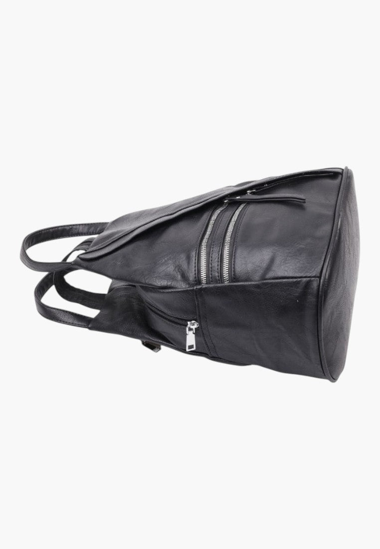 Falio black faux leather urban backpack with multiple zippered pockets and adjustable straps, side view.