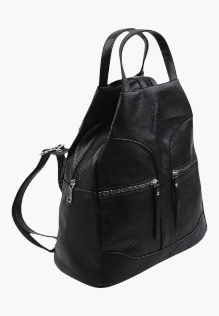Falio black faux leather urban backpack with multiple zippered compartments and top handle