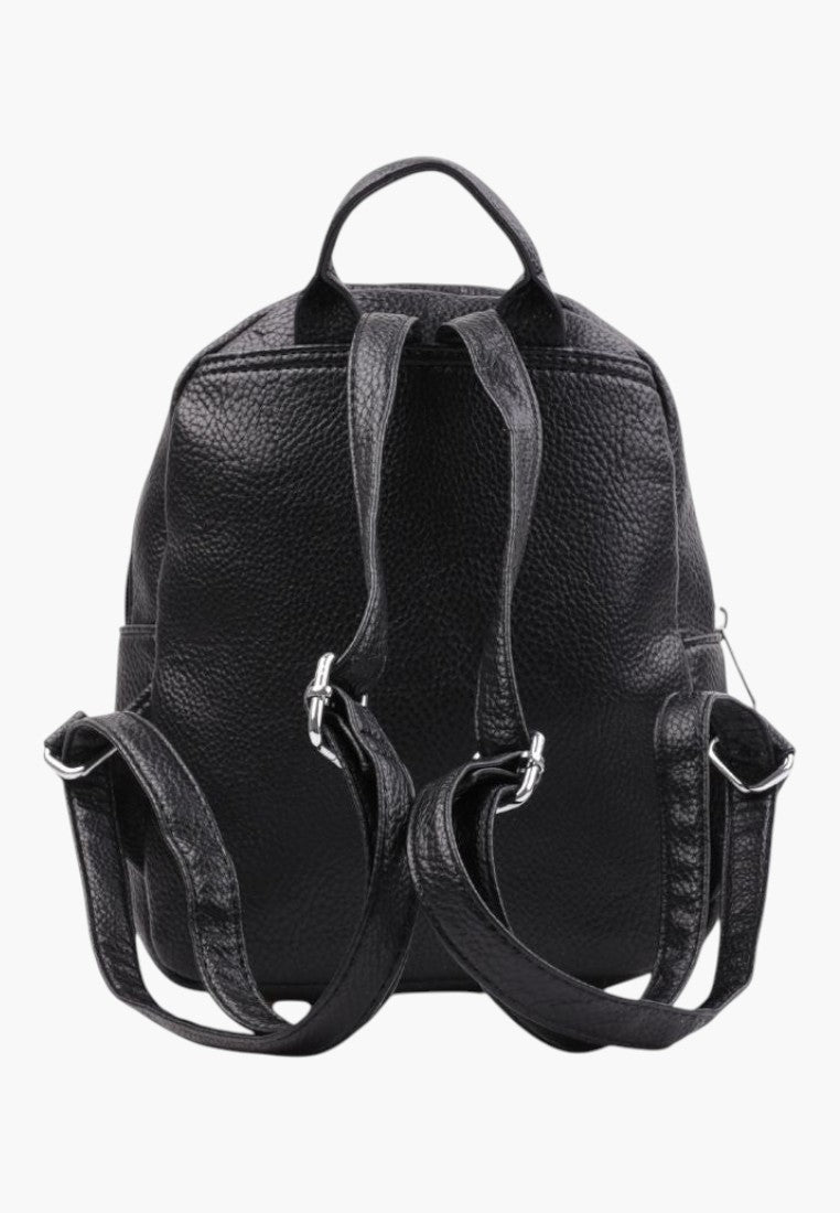 Falio black faux leather urban backpack with adjustable straps and zippered compartment, back view