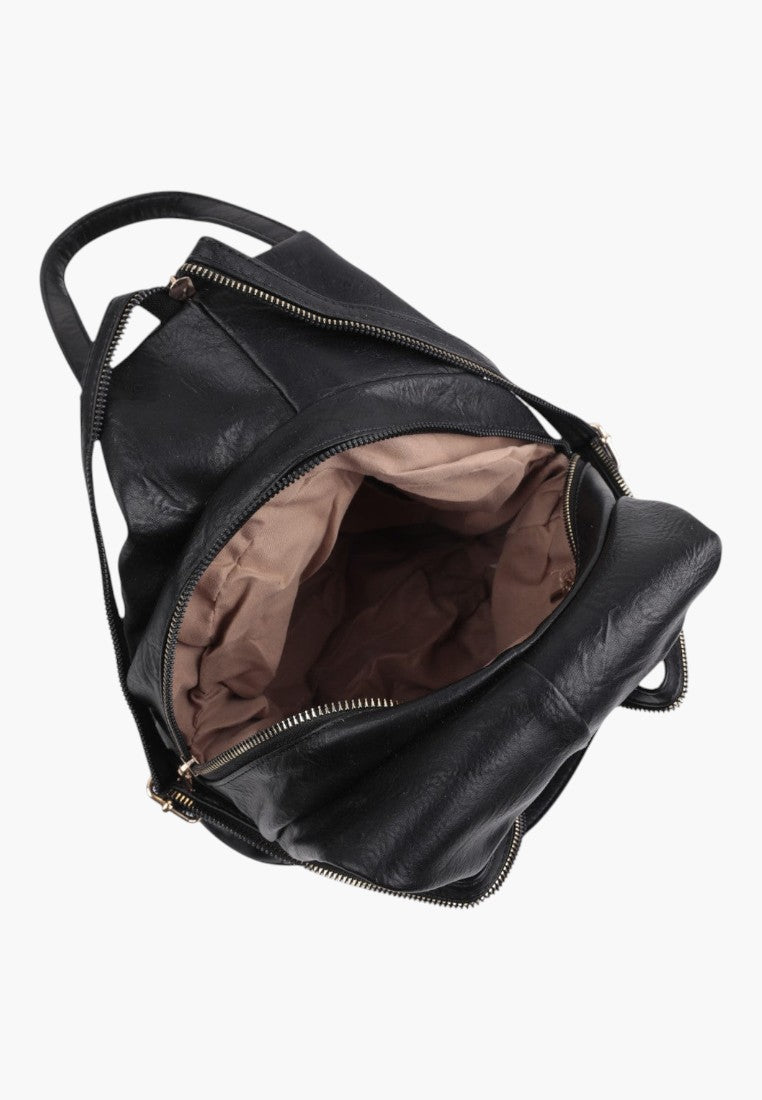 Falio black faux leather urban backpack with multiple zippered pockets and a spacious lined interior