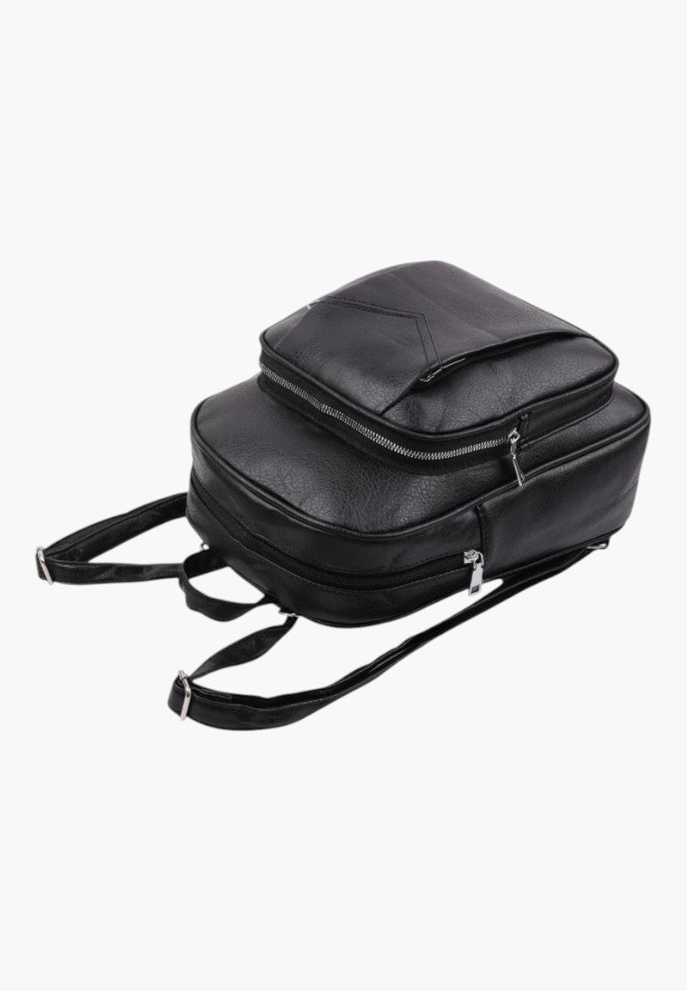 Falio black faux leather urban backpack with multiple zippered compartments and adjustable straps