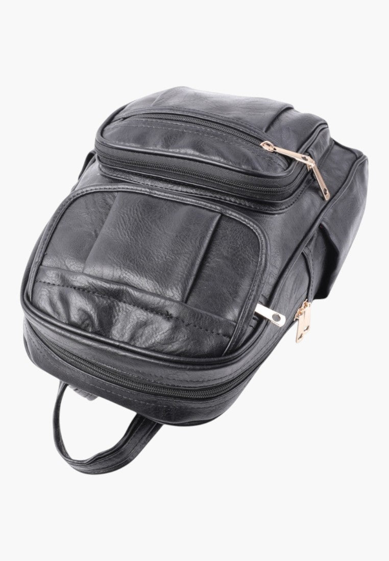 Falio black faux leather urban women's backpack with multiple zippered compartments and gold-tone hardware