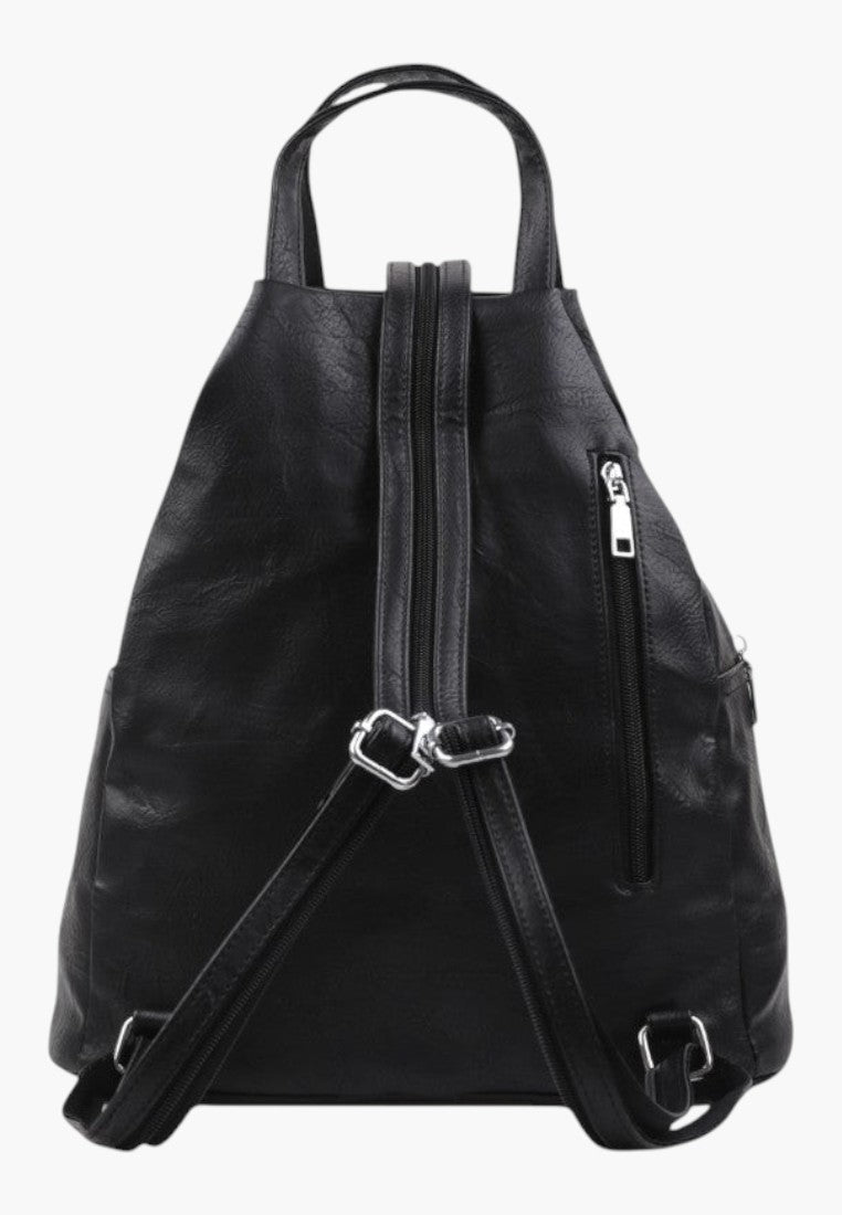 Falio black urban faux leather backpack with zipper closure and multiple compartments for daily use