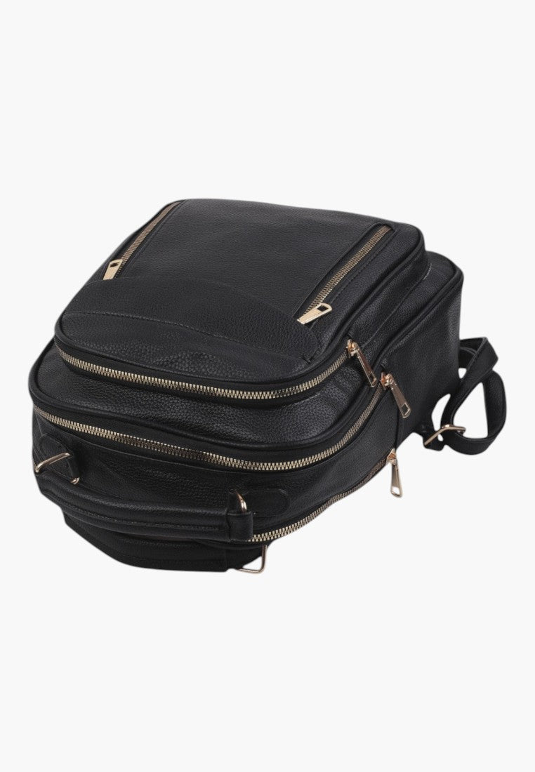 Falio black urban faux leather backpack with multiple zippered compartments and A4 capacity for daily use.
