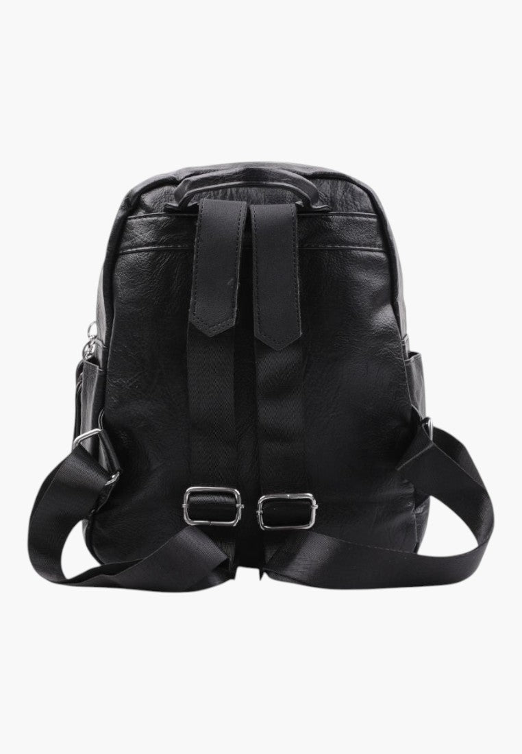 Falio black faux leather urban backpack with adjustable straps and multiple pockets, back view