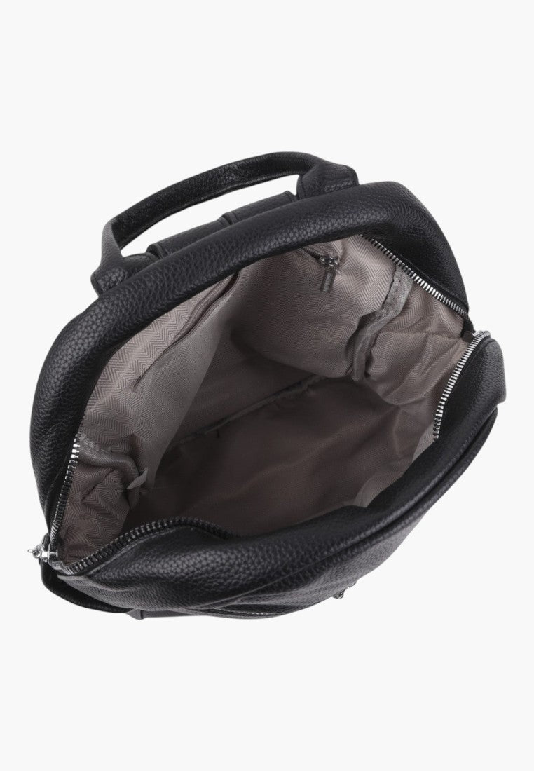 Falio black faux leather urban backpack with open main compartment and grey patterned lining