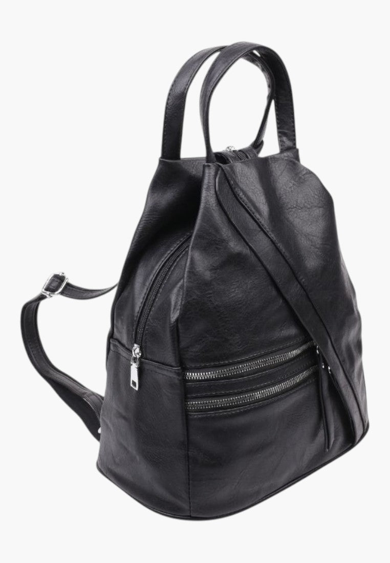 Falio black faux leather urban backpack with multiple zippered pockets and adjustable straps for daily use