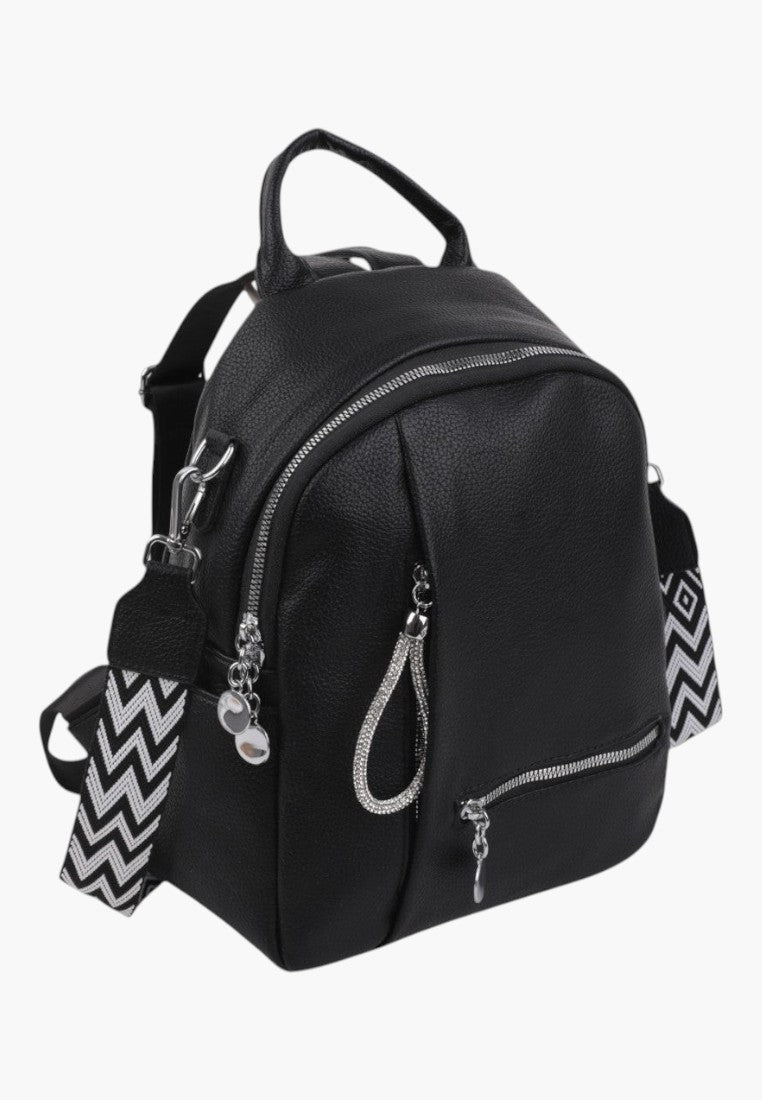 Falio black faux leather urban backpack with silver zippers and patterned chevron straps for women