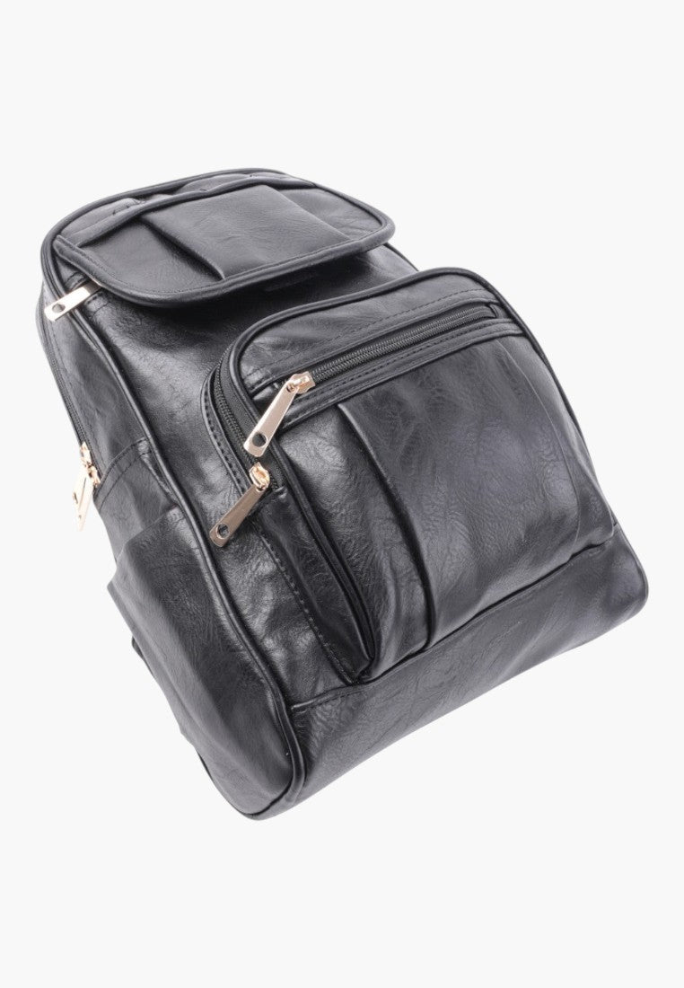 Falio black faux leather urban backpack with multiple zippered pockets and a spacious main compartment