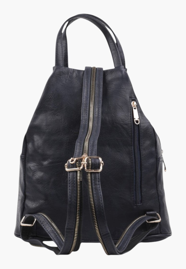 Falio black faux leather urban backpack with multiple zippered pockets and adjustable straps