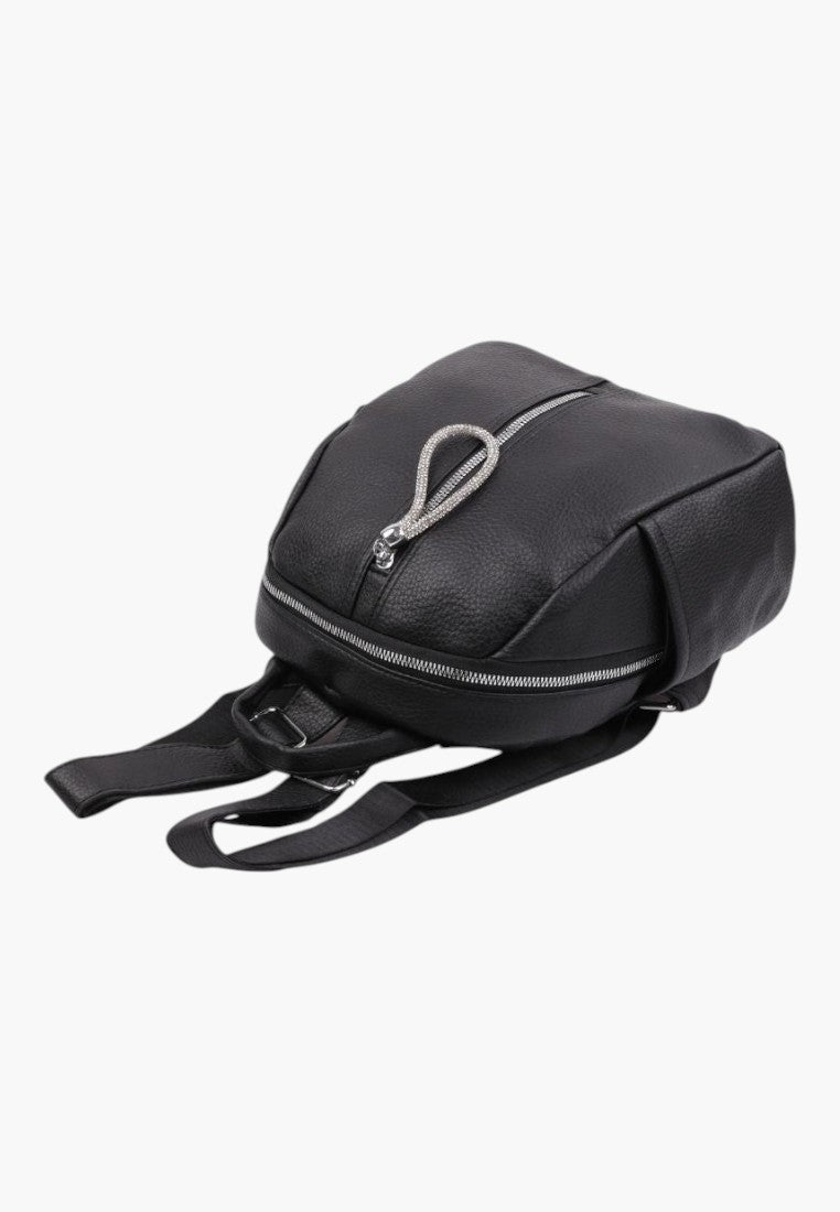 Falio black faux leather urban backpack with a decorative silver zipper pull and multiple compartments.