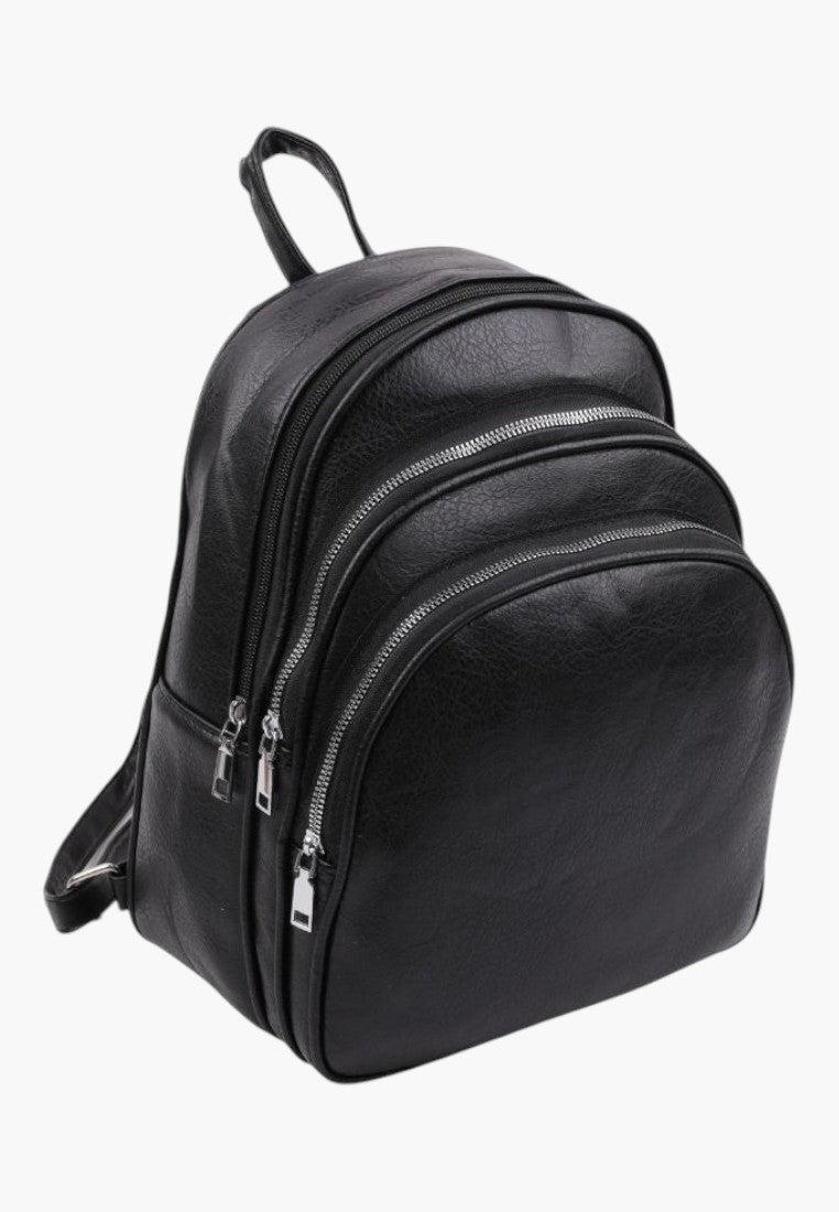 Falio black faux leather urban backpack with multiple zippered compartments and a spacious 10L capacity